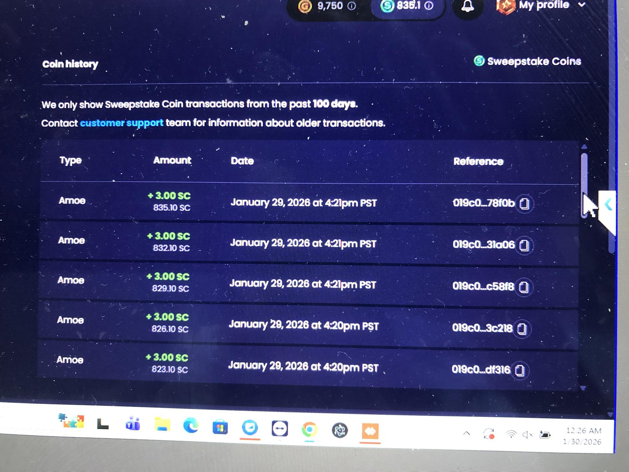 Client proof - Amoe coin history showing SC credits