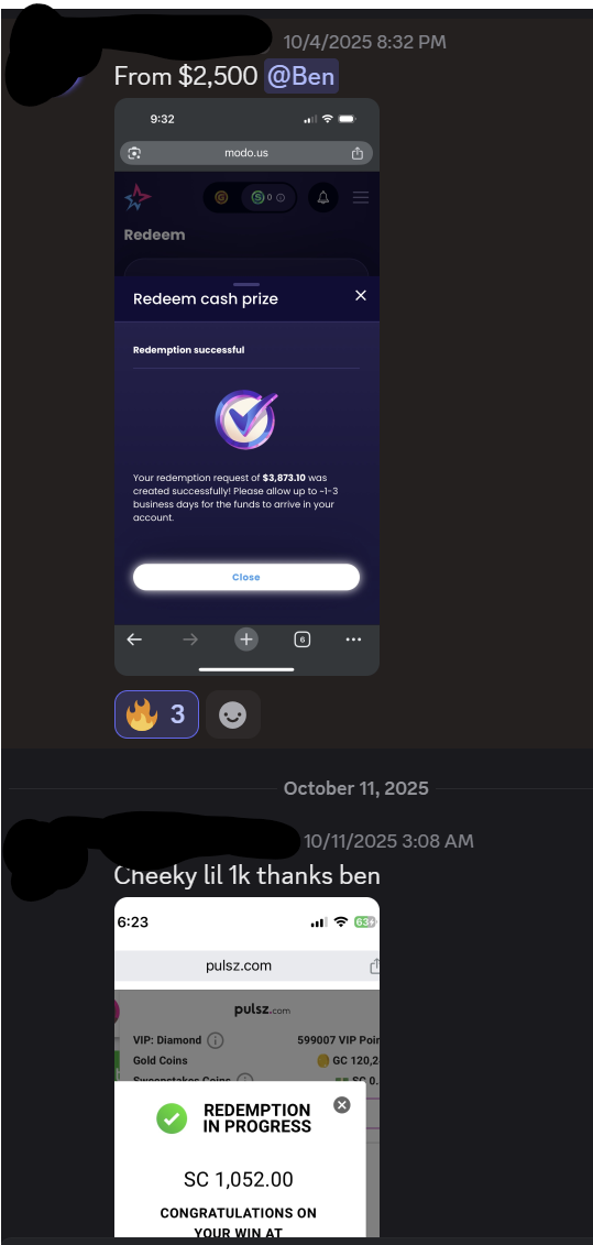 Client proof - Modo $3,873 redemption and Pulsz $1,052 redemption